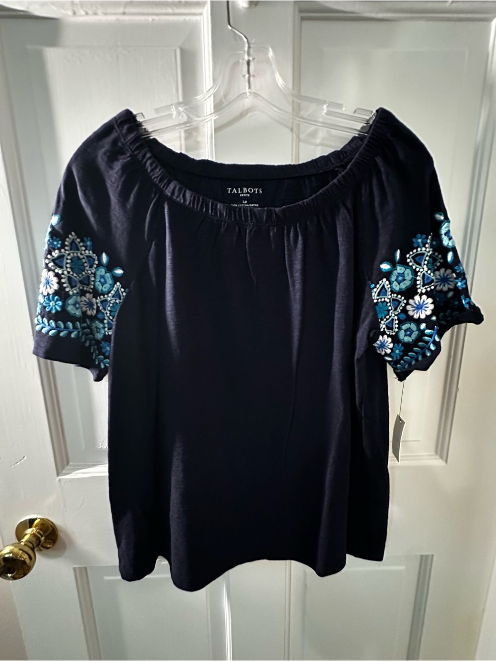 Talbots Navy Embroidered Short-Sleeve Peasant Top